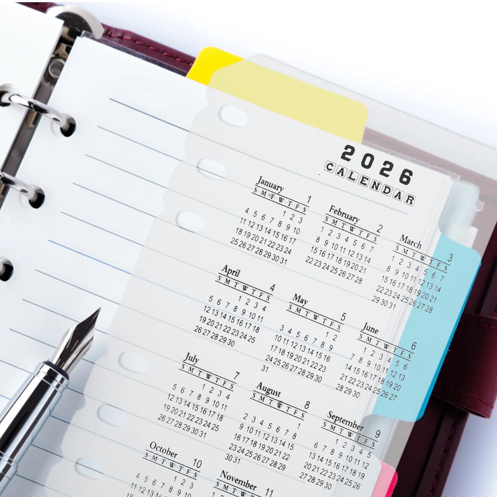4 pezzi 2026 divisori calendario smerigliato plastica A6 6 fori inserti ricaricabili pianificatore notebook forniture per ufficio calendario ricariche data