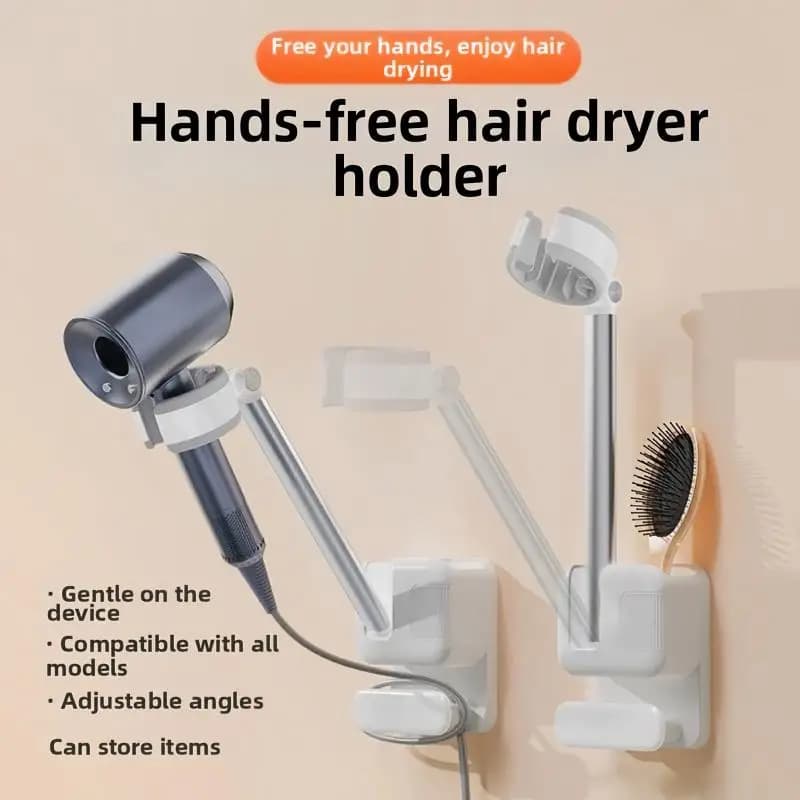 No‑hole Wall‑mounted Hair Dryer Stand, Bathroom Hair Dryer Organizer Storage Rack, Lazy Hair Dryer Holder