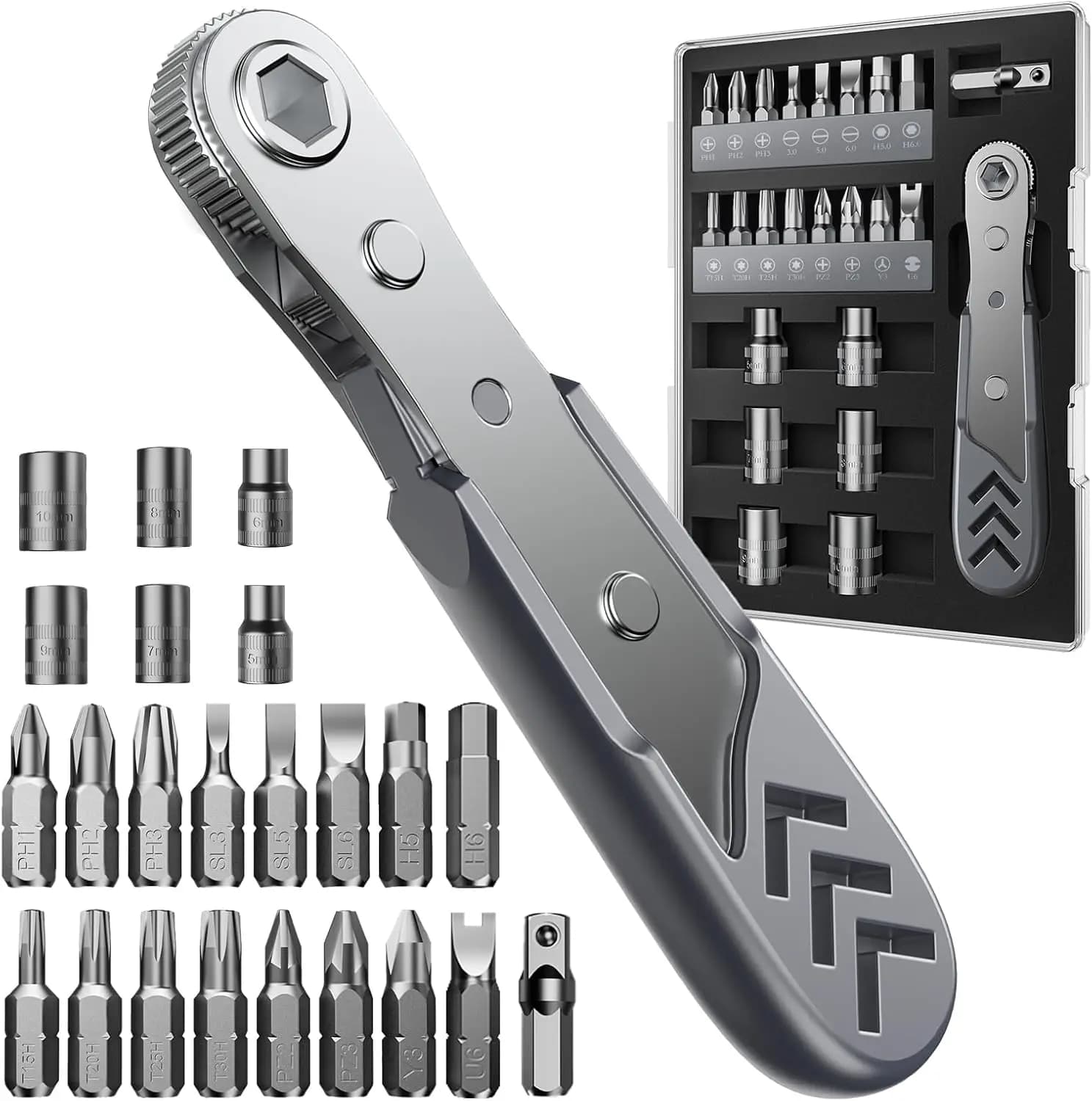 Set di cacciaviti a cricchetto ad angolo retto 23 in 1, mini chiave a cricchetto a 36 denti, strumento di riparazione per cacciavite offset magnetico
