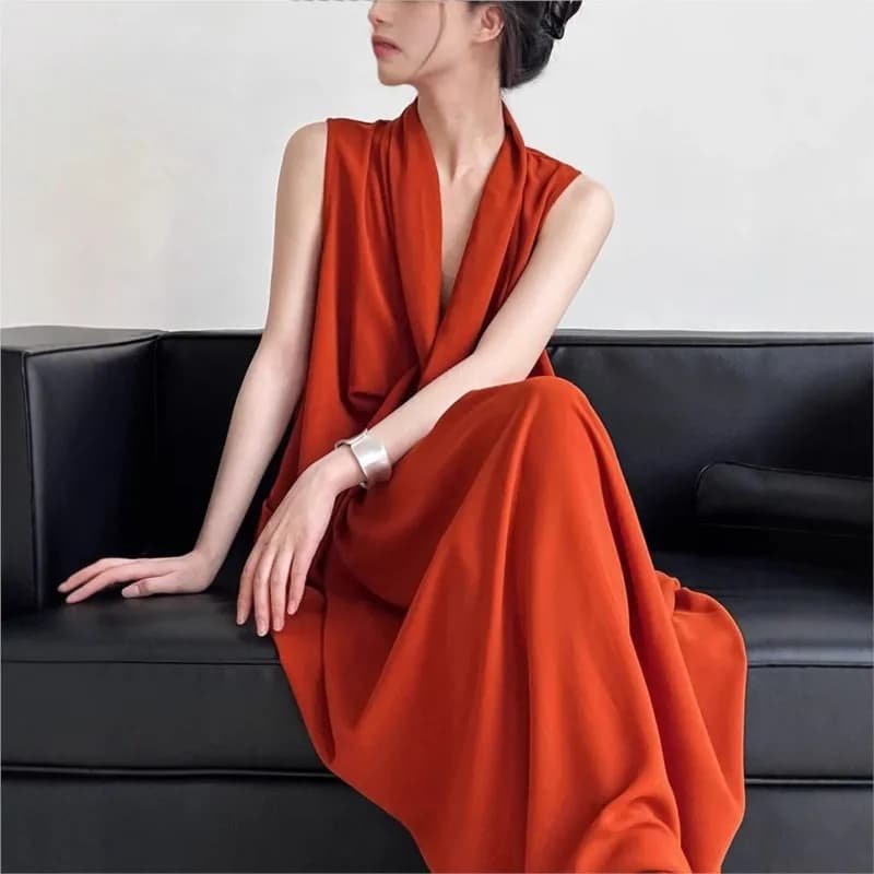 Johnature Summer New Abito estivo irregolare senza maniche con scollo a V in stile francese per donna Abiti rossi comodi e traspiranti