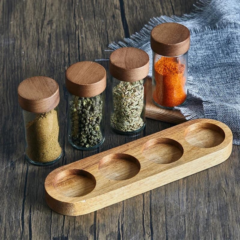 Barattoli per condimenti rotondi in vetro in stile giapponese con coperchi in palissandro Set da cucina da 4 pezzi con barattoli di spezie con base