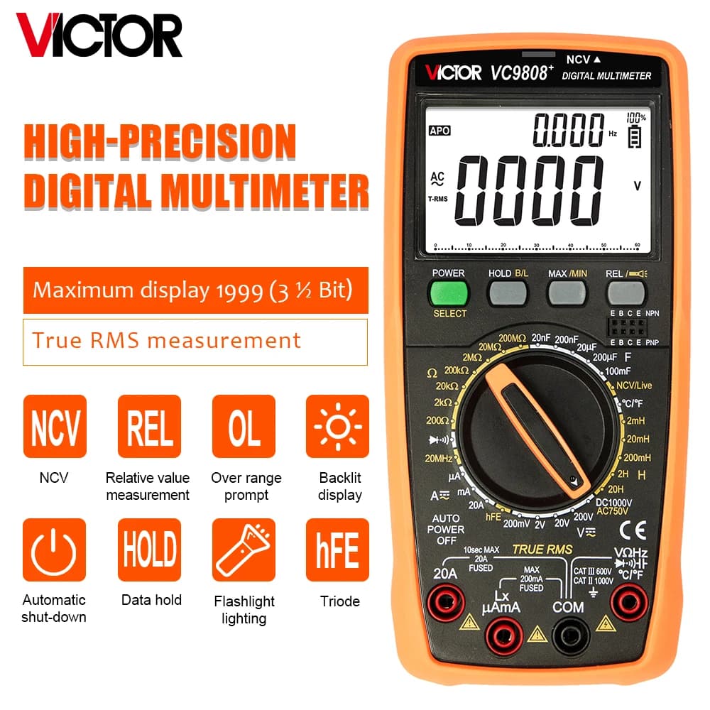 Victor 9808+ Multimetro digitale ad alta precisione 1999 Vero RMS 2000uF Capacimetro 20MHz Misurazione della temperatura di frequenza con LCR