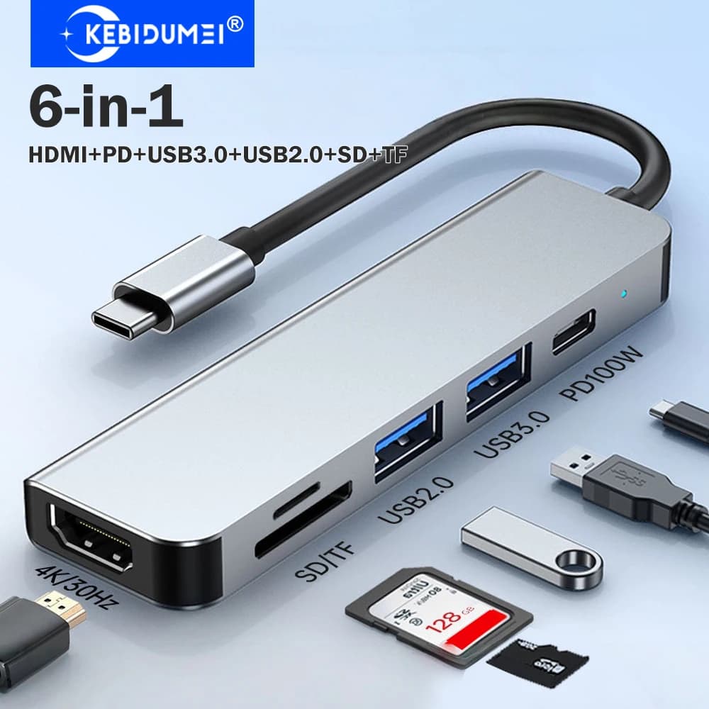 KEBIDUMEI 6-in-1 USB C Docking Stations USB 3.0 Hubs Type C to HDMI/USB3.0/USB2.0/SD/TF/PD100W Adapter OTG USB Splitter for PC