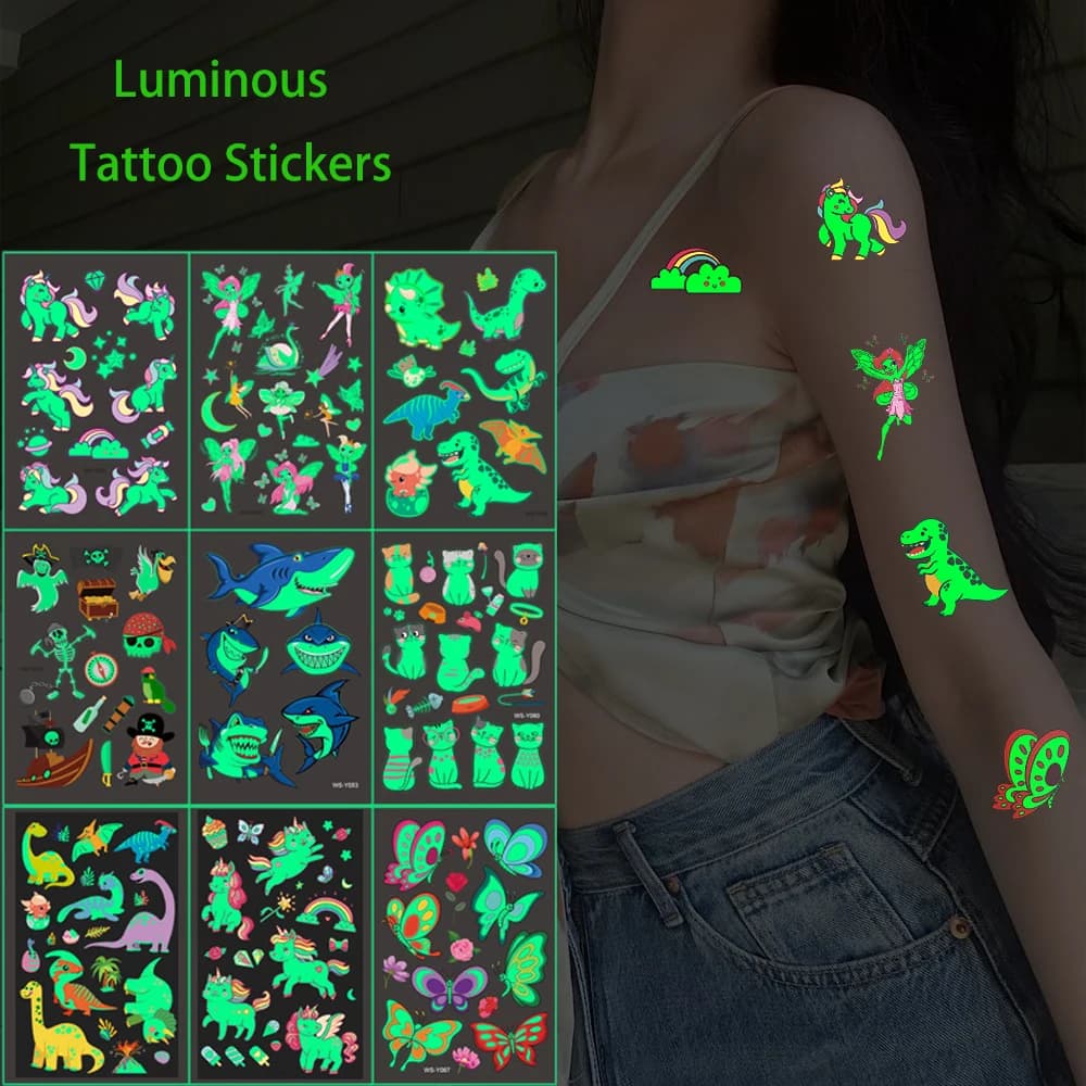 5 fogli adesivi per tatuaggi luminosi tatuaggio temporaneo colorato animale dinosauro tatuaggio finto per corpo mano viso