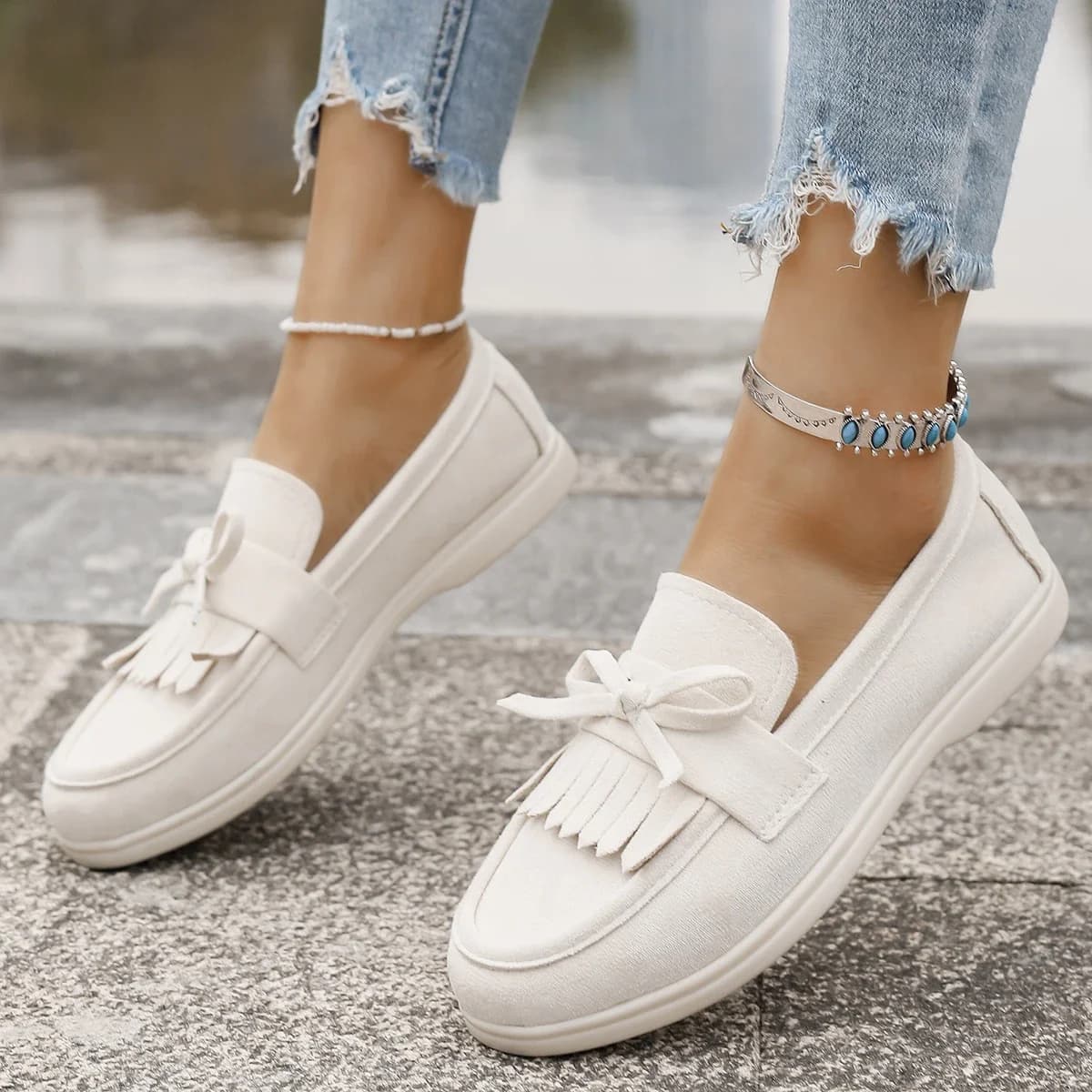Tassel Bow Leisure Women's Loafers Spring Autumn British Style Lazy One Pedal Flat-bottomed Sneakers Female Joker Non-slip Shoes