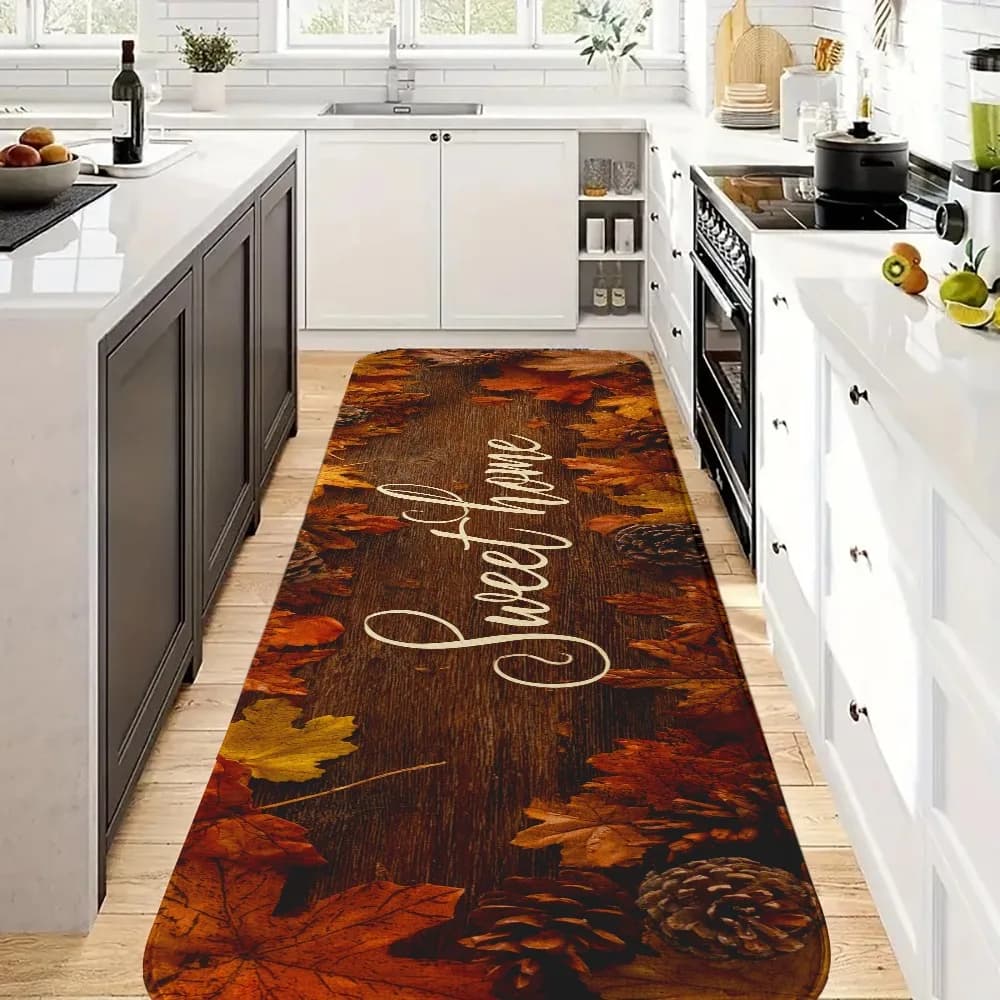 Rustic Wood Carpet with Pattern in Pigne and Foglie d'Acero, Long Pass for Entrance, Home Decoration and Entrance Door