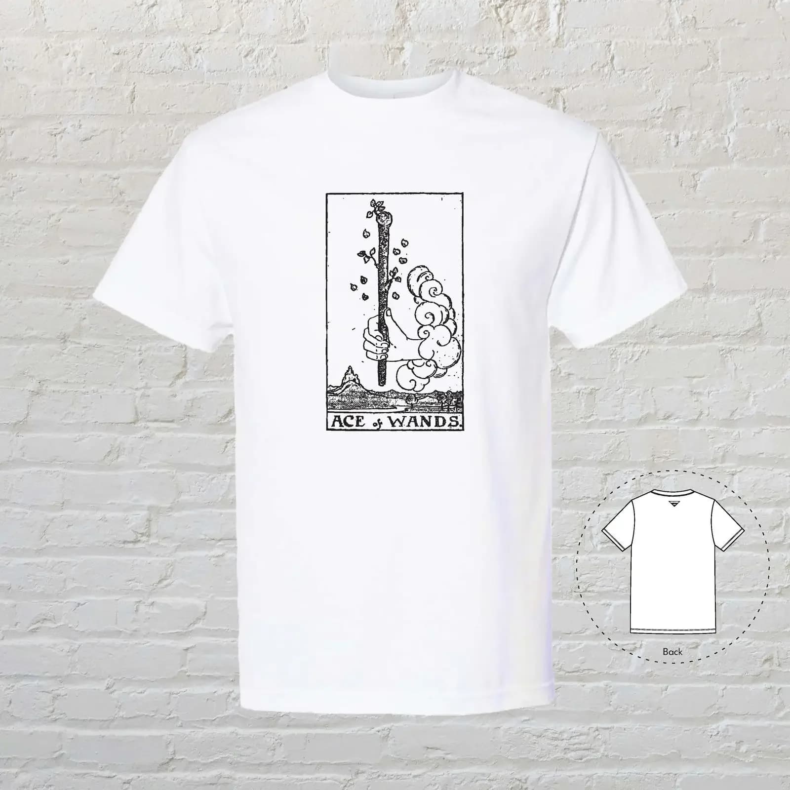 Maglietta con design di carte dei Tarocchi ACE OF WANDS, abbigliamento trendy, esotico, vintage, effetto lavato, per fidanzati, vestiti di design grafico alla moda.