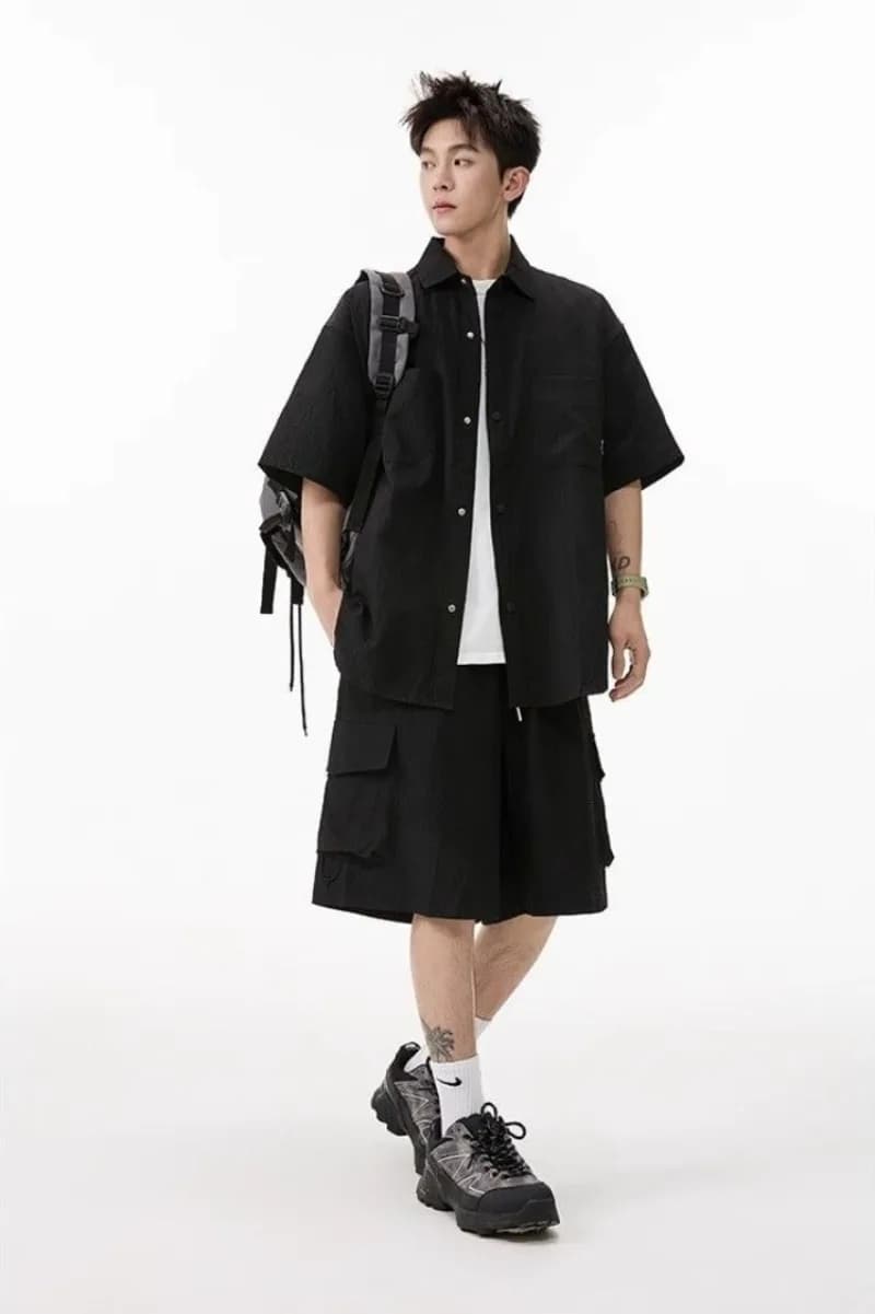 Men's Summer Completion in Blue Navy Crepe Casual with 3/4 Sleeve Shirt and Matched Shorts Two Pieces
