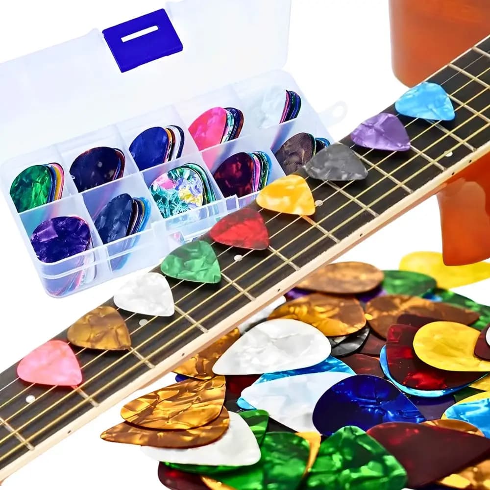 28/40 plettri per chitarra in celluloide di colore casuale e una scatola portaoggetti, plettri per chitarra da 0,05 mm per basso elettrico acustico Ukulele YMY
