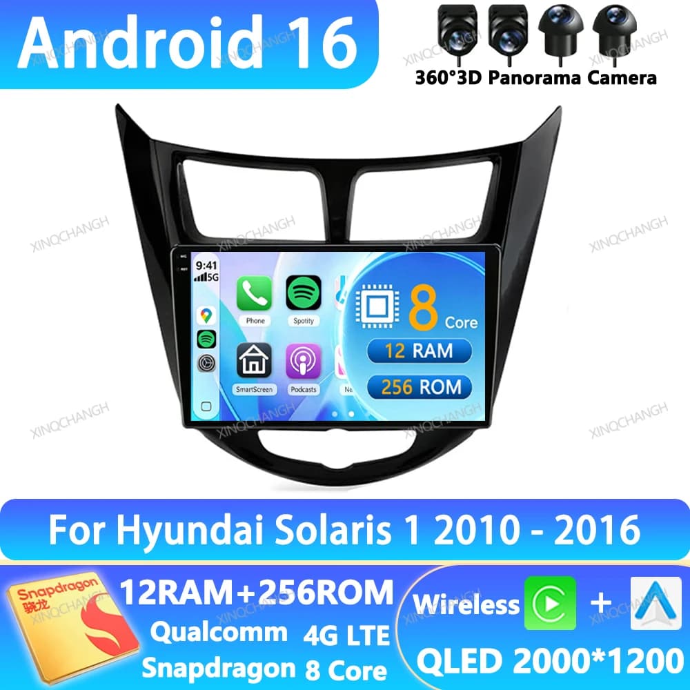 Android 16 Car Radio For Hyundai Solaris Verna Accent 1 2010 - 2016 Navigation Head Unit GPS 2DIN Multimedia Video Player QLED
