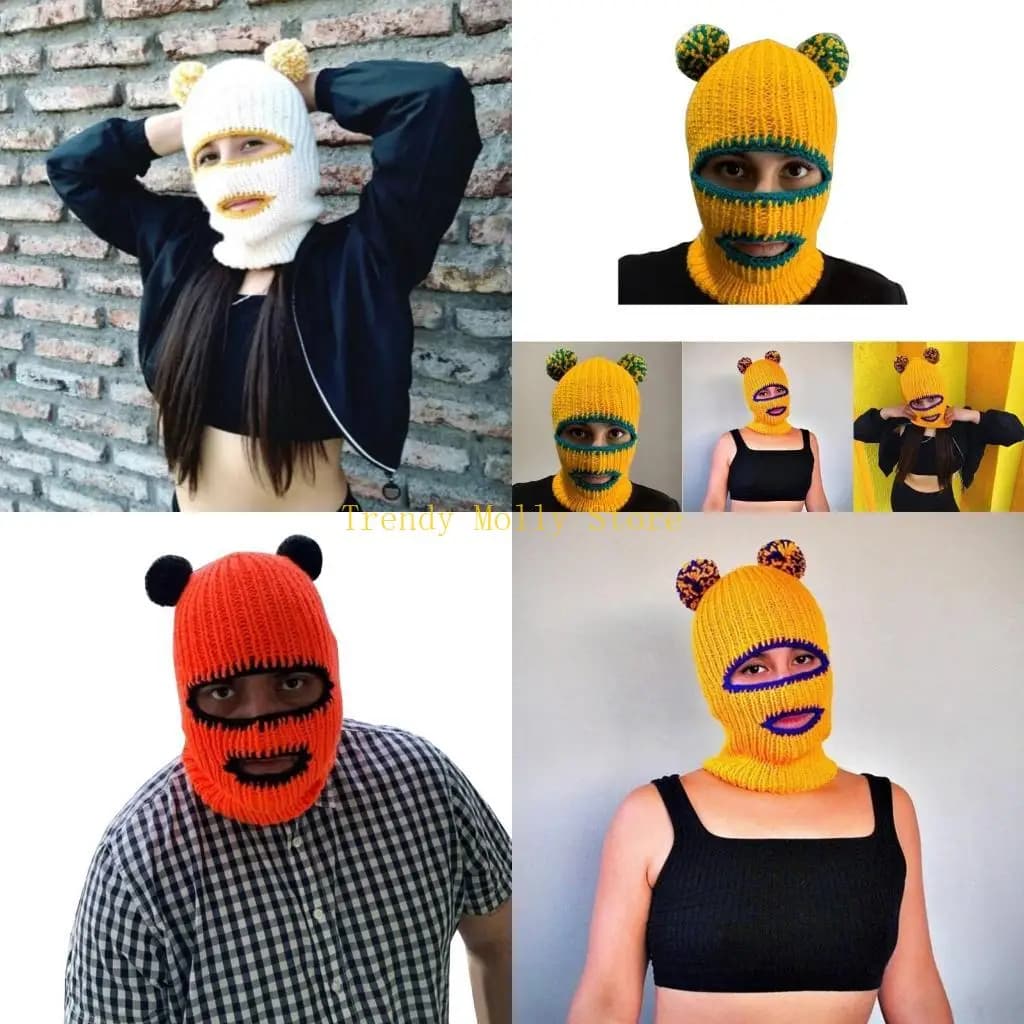 N5KB Handwoven Balaclava Hat for Female Knitted Pullover Cap with Bear Ears Costume Full Face Mask Cap Outdoor Sport Headgear