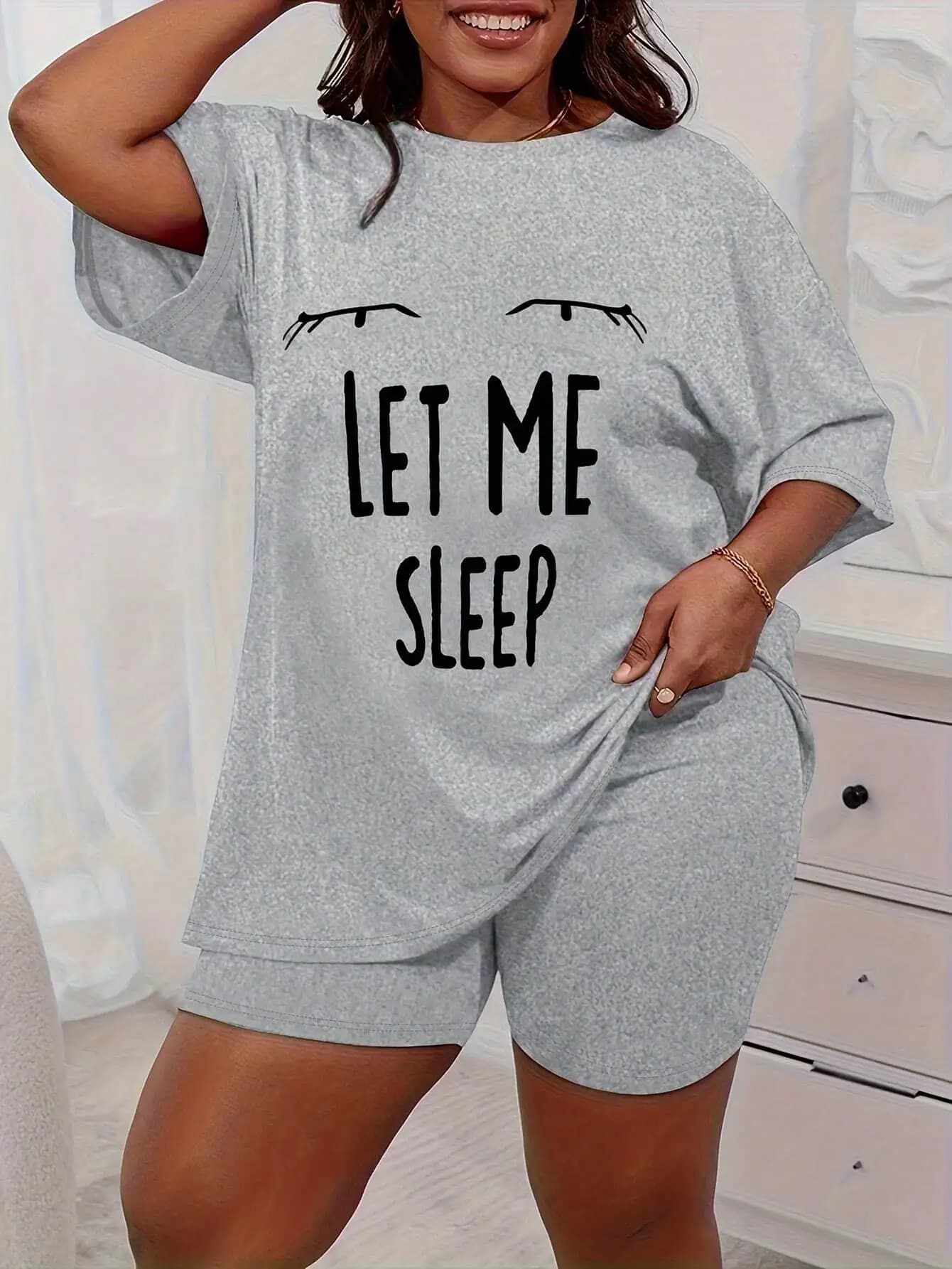 Set da Notte Comodo per Donne Taglie Forti con Grafica Occhi e Slogan 'Lasciami Dormire'
