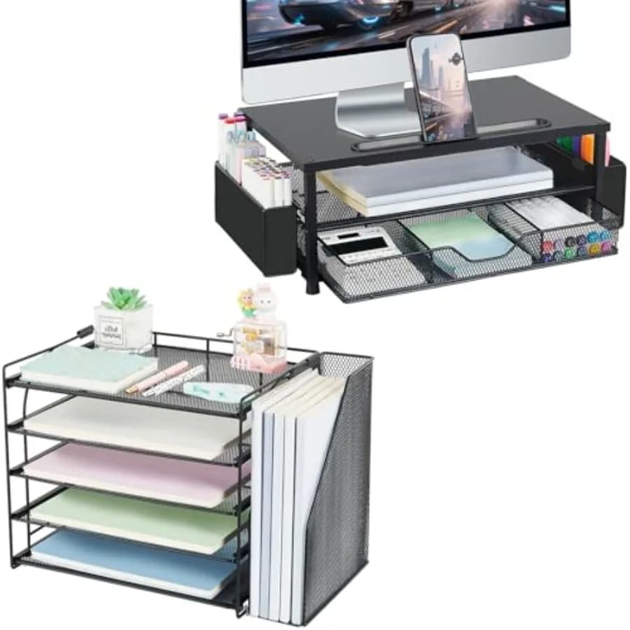 Monitor Stand with Storage + 5-Tier Desktop Paper File Organizer