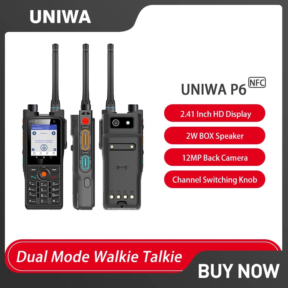 UNIWA P6 IP68 Robusto Walkie Talkie 4W DMR/Analogico Dual Mode 2.41 "3GB + 32GB 12MP 2500mAh 4G Android 9 PTT SOS NFC Cellulare