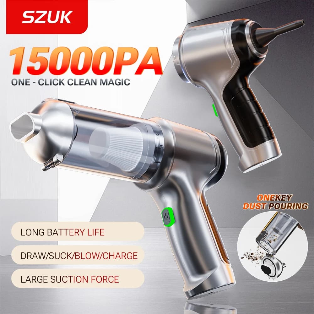 Aspirapolvere per Auto SZUK 15000Pa, Mini Aspiratore Portatile Senza Fili, Potente Soffiatore e Aspiratore per Auto e Casa