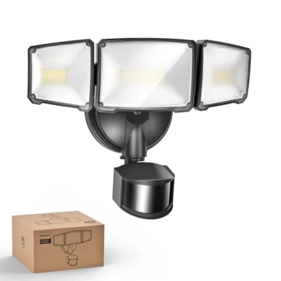 Luci di sicurezza a LED da 7W 7400LM con sensore di movimento PIR per esterni, faretto in alluminio da 5000K luce diurna dal tramonto all'alba, 3 teste regolabili