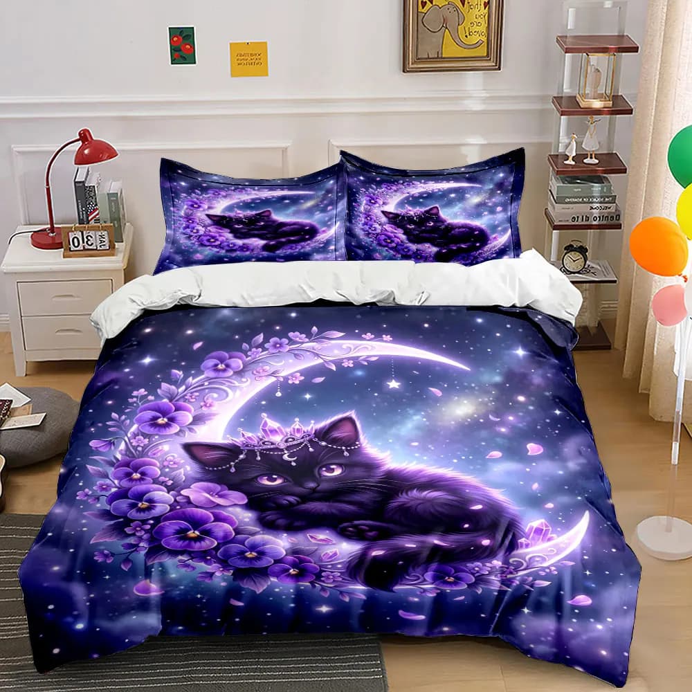 Fantasy cat with purple flowers Print Bedding Set 1 Duvet Cover 2 Pillowcases for Adult and Children Luxury Gift Full Size