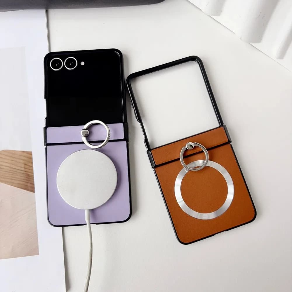 For Magsafe Magnetic Leather Hinge Full Protection Phone Case with Ring Holder Stand For Samsung Galaxy Z Flip 8 7 6 5 4 3 5G