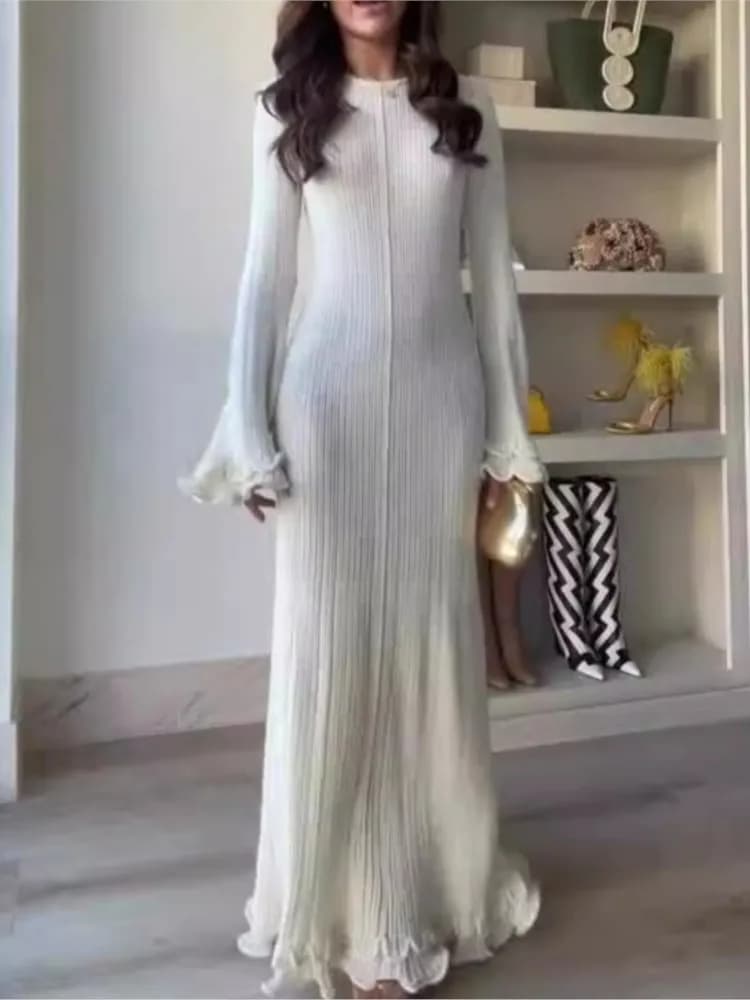 Women White Ruffle Hem Knit Long Dress Elegant O-neck Flare Sleeve Backless Bandage Dresses 2024 Lady Evening Party Street Robes
