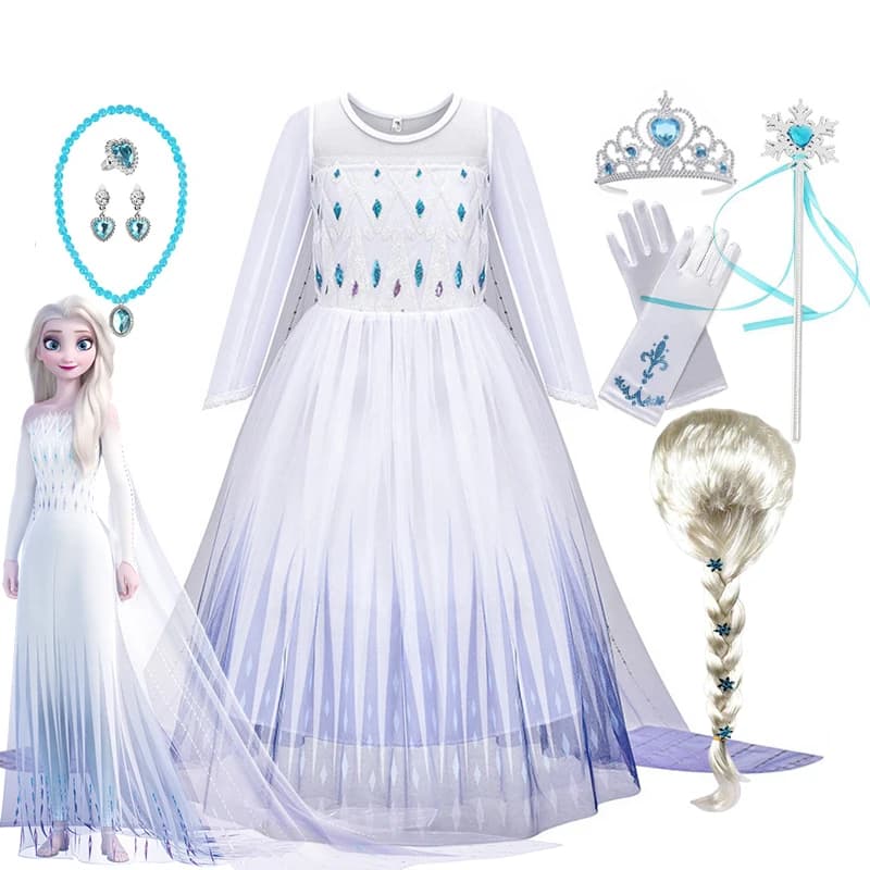 Disney Frozen 2 White Elsa Costume for Girls Cosplay Snow Queen Baby Princess Dress 2025 Birthday Party Children's Day Fancy Frock