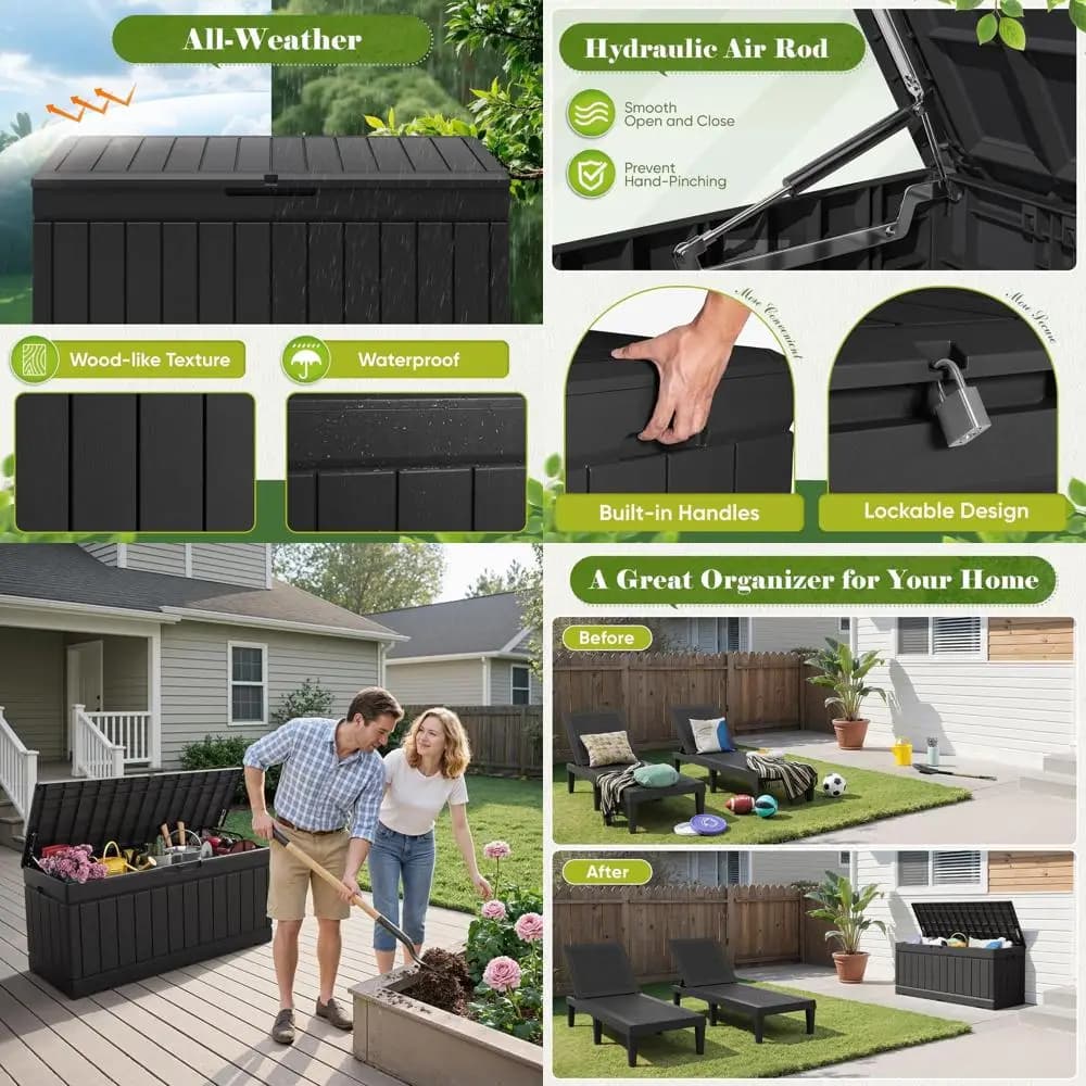 80 Gallon Waterproof Resin Exterior Storage Box with Texture Effect Wood for External Use and Patio (Nero)