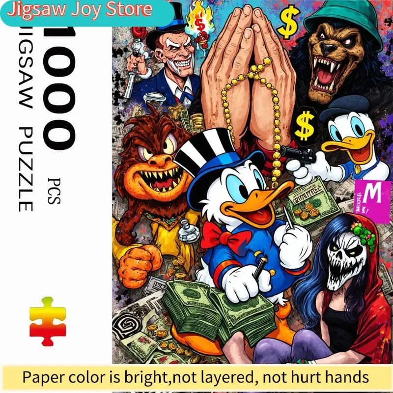 Puzzle Disney a tema gangster con caos colorato | Con l'Uomo con il Cappello a Cilindro che Tira il Fuoco, il Mostro con i Denti, il Lupo con il Cappello Verde, il Cappello a Cilindro Do