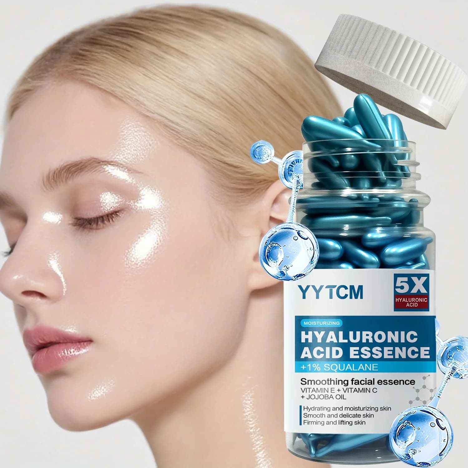 Essence in Capsules at the Hyaluronic Acid for Deep Hydration, Hydrata and Leviga Skin, Contains Vegetal Origin Shark, Vitamin E, Vitamin C, Essence for Deep Hydration and Illuminating (0,4Gx90 Capsules)/Flacone-1 Flacone