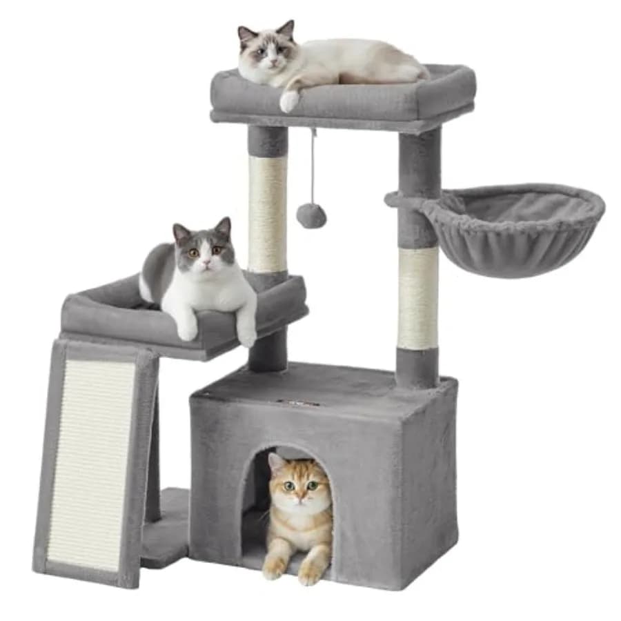 Albero per Gatti con Tiragraffi e Rampa, 2 Grandi Posti di Sosta, Cuccia a Grotta, Alto 85,4 cm, Grigio Tortora