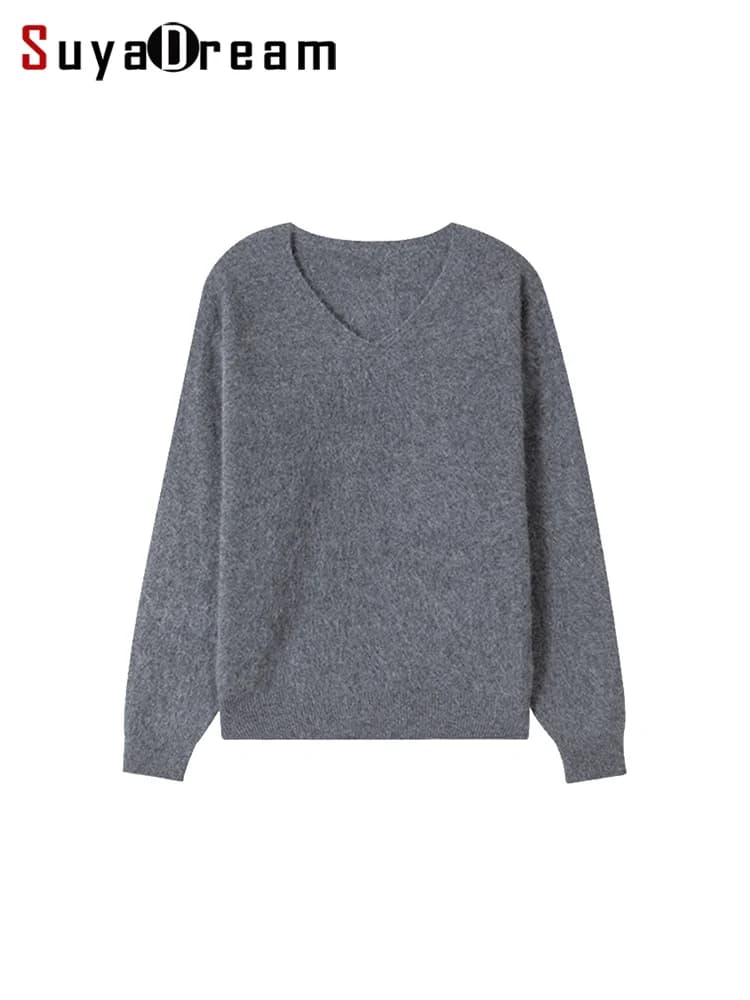 SuyaDream, pullover in pile da donna, scollo a V, 3,8% cashmere 96,2% lana, maglioni caldi chic, top solido autunno inverno 2025, cammello, oliva