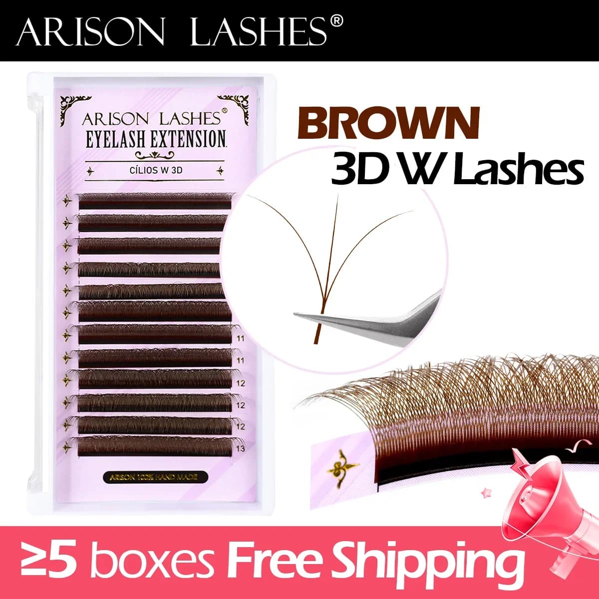 ARISON Brown 3D/4D/5D W-shaped eyelashes 0.07 D 8-13mm Pre-packed volume fan Extended eyelashes Individual natural fake facials