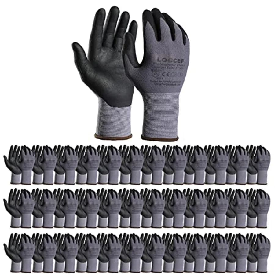 Guanti da Lavoro di Sicurezza LOCCEF Rivestiti in Nitrile MicroFoam - 12 Paia, Guanti in Nylon Lavorato a Maglia, per Uso Domestico, Guanti Micro-Foam