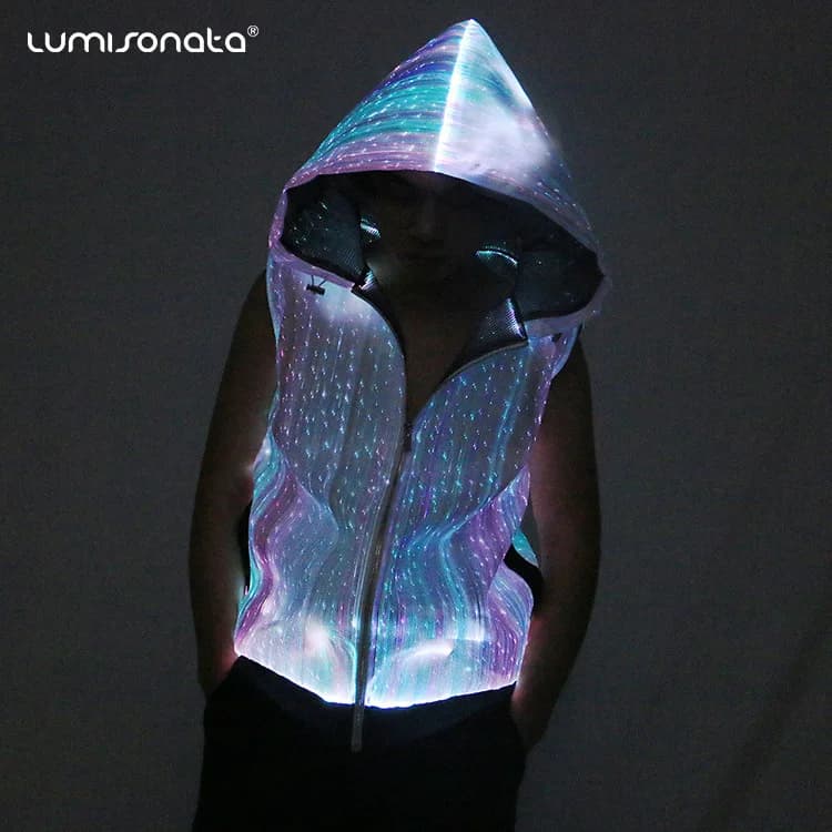Gilet Luminoso LED Colorato Y2K da Uomo 2024 in Tessuto a Fibra Ottica, Giacca Senza Maniche con Cappuccio, Top per Night Club