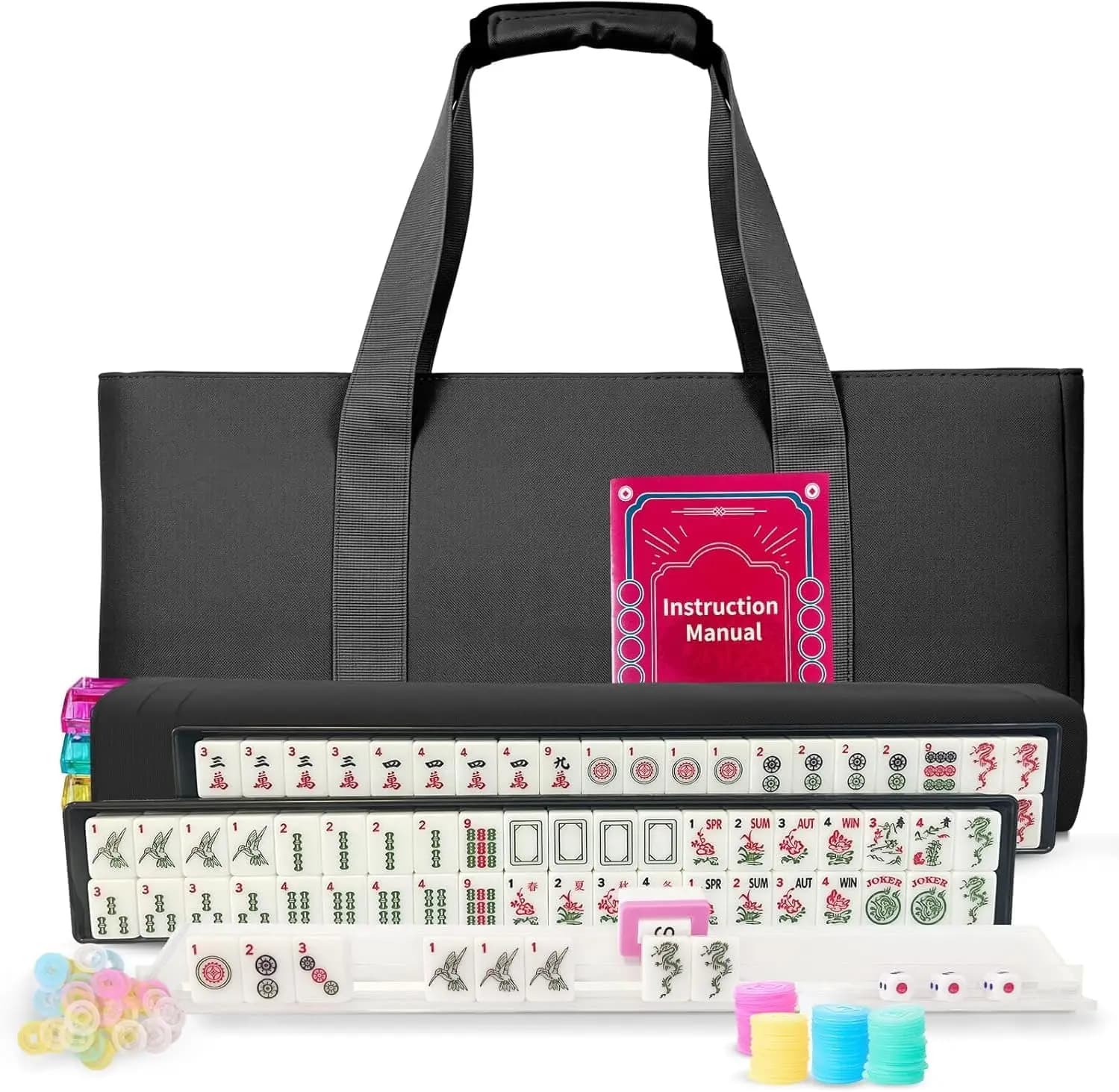 Set Mahjong Americano con 166 Tessere Bianche, Supporti, Dadi, Fiches e Borsa