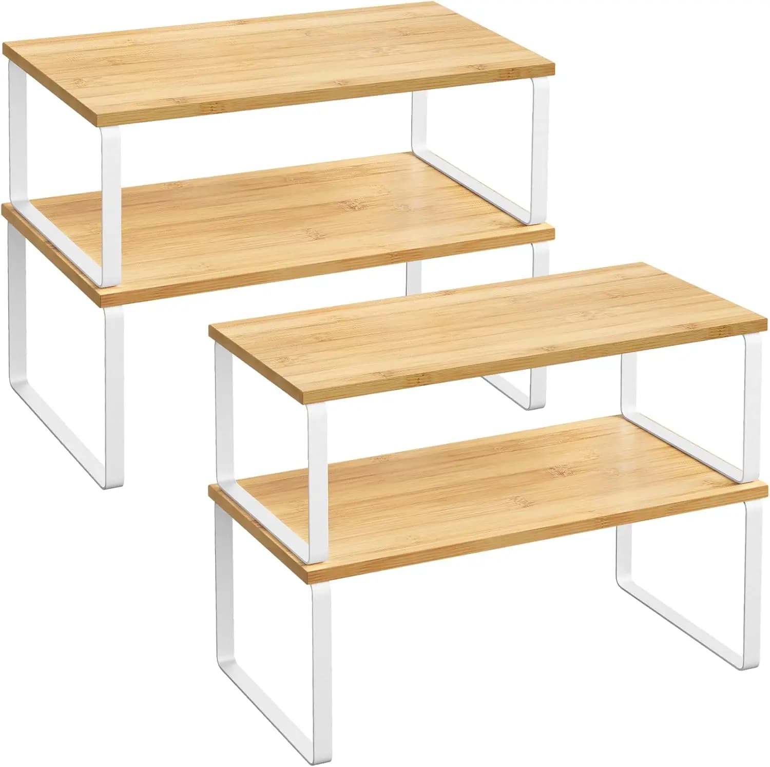 Set di 4 Ripiani Espandibili per Armadi da Cucina, Porta Spezie Impilabile, Organizzatore in Metallo e Legno in Bianco e Beige