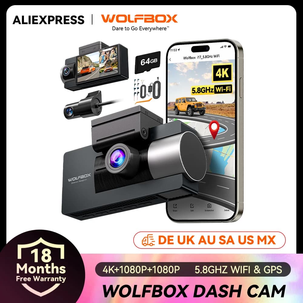 WOLFBOX I07 Dash Cam to 3 Channels for Cars, Front Camera and 4K Rear with GPS WiFi, DVR for Auto with FOV 170° and WDR