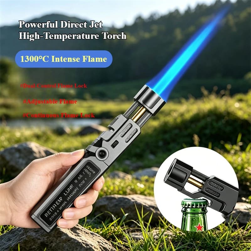 High Power Handheld Jet Torch Lighter Bottle Opener, Fixed Flame Lock Design, High Temperature Igniter for Outdoor BBQ Cooking