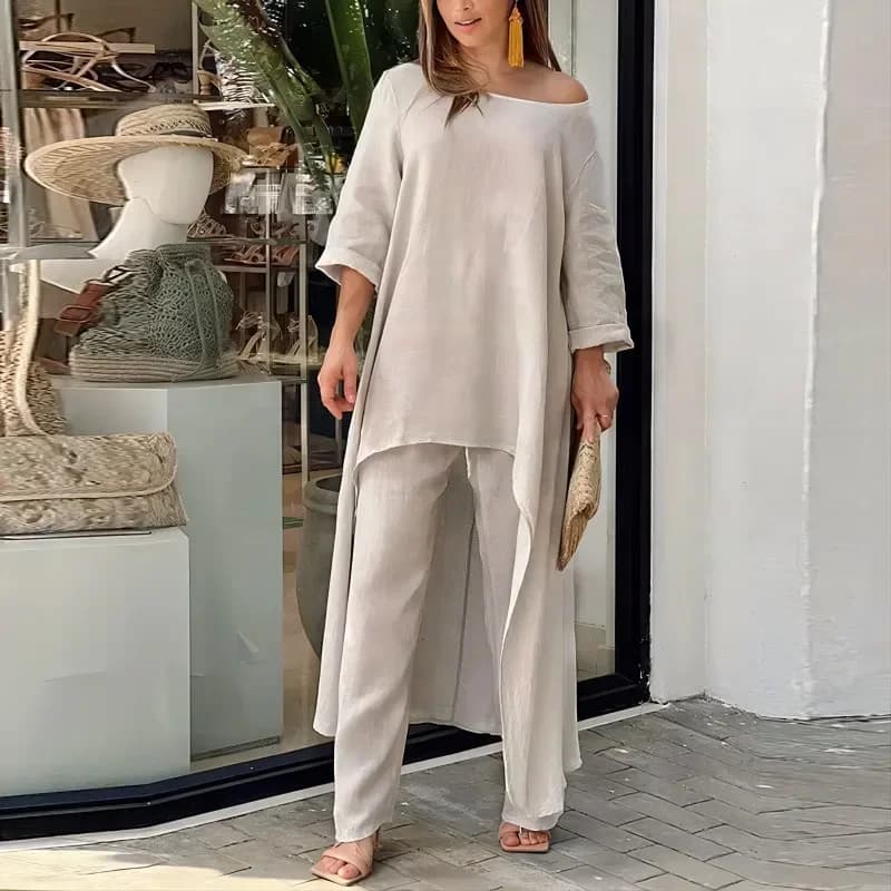 Set da donna 2 pezzi Vendita Casual O-Collo Manica lunga Abito asimmetrico e vita alta elastica Gamba larga Pantalone solido Taglie forti