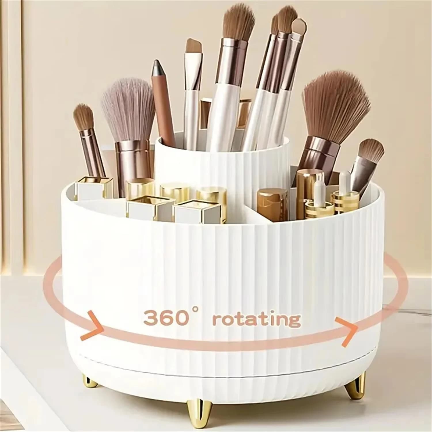 360° Rotating Makeup Organizer Plastic Cosmetic Brushes Storage Box with 5 Compartments Grids Multi-functional Lipstick Holder