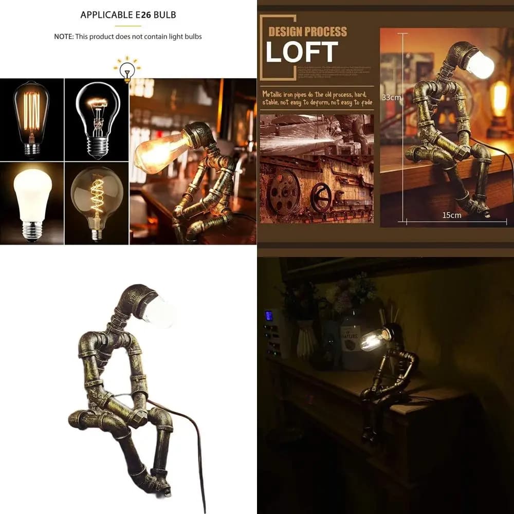 Lampada da scrivania robot Steampunk vintage - Design con tubo dell'acqua in stile industriale per casa, ufficio o bar (lampadina non inclusa)