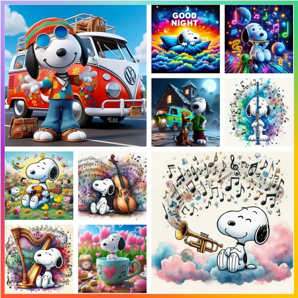Musical Snoopy with Violin Piano Cartoon Comic Mosaic Embroidery Diamond Painting 5D Art Cross Stitch Pixel Pictures Printed