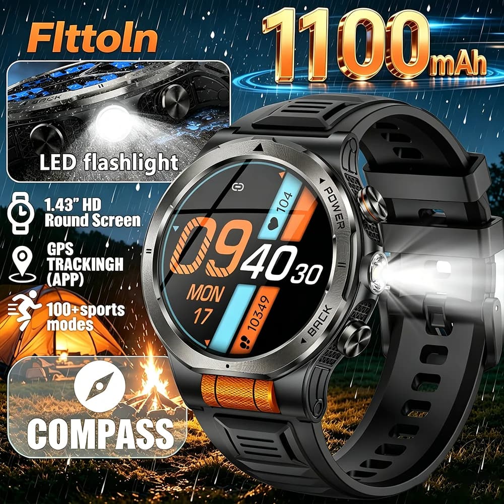 Smartwatch AMOLED with BT KT91 call, Open Sports Compass, AI Voice, LED Flashlight, 1100mAh Large Battery, Man's Smart Watch