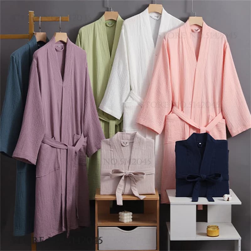 Double Layer Cotton Gauze Bathrobe Couple Sleepwear Spring Summer Kimono Robe Night Dress Loose Casual Homewear Lingerie Pajama
