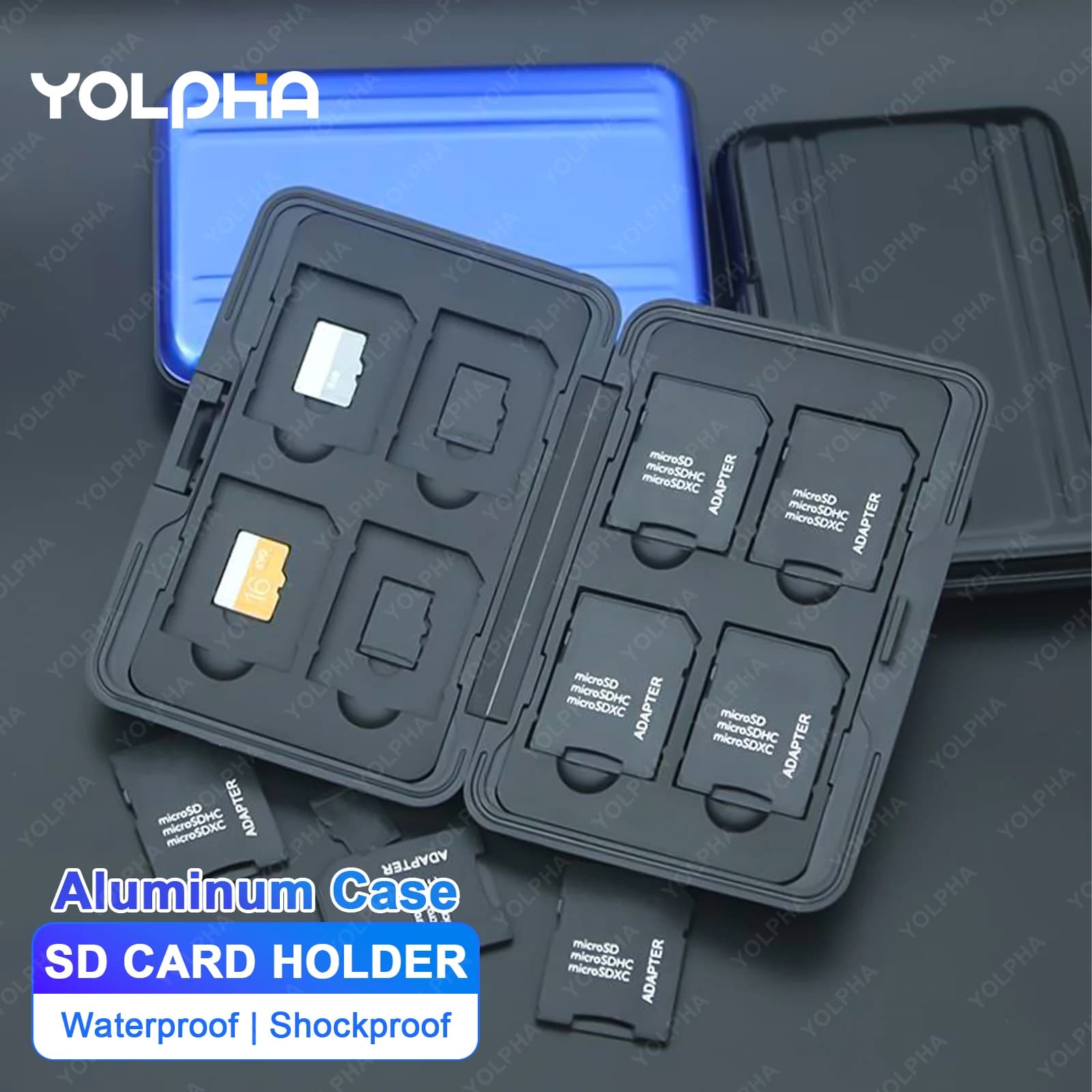 Scatola da trasporto in alluminio resistente agli urti Custodia per scheda di memoria 8 slot per schede SD SDHC MMC Micro SD TF Slvery in metallo