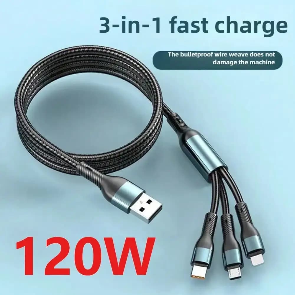 Cavo di ricarica USB Type C 3-in-1 da 120W 6A per ricarica rapida, cavo dati per caricabatterie di cellulari, adatto per la ricarica micro USB.