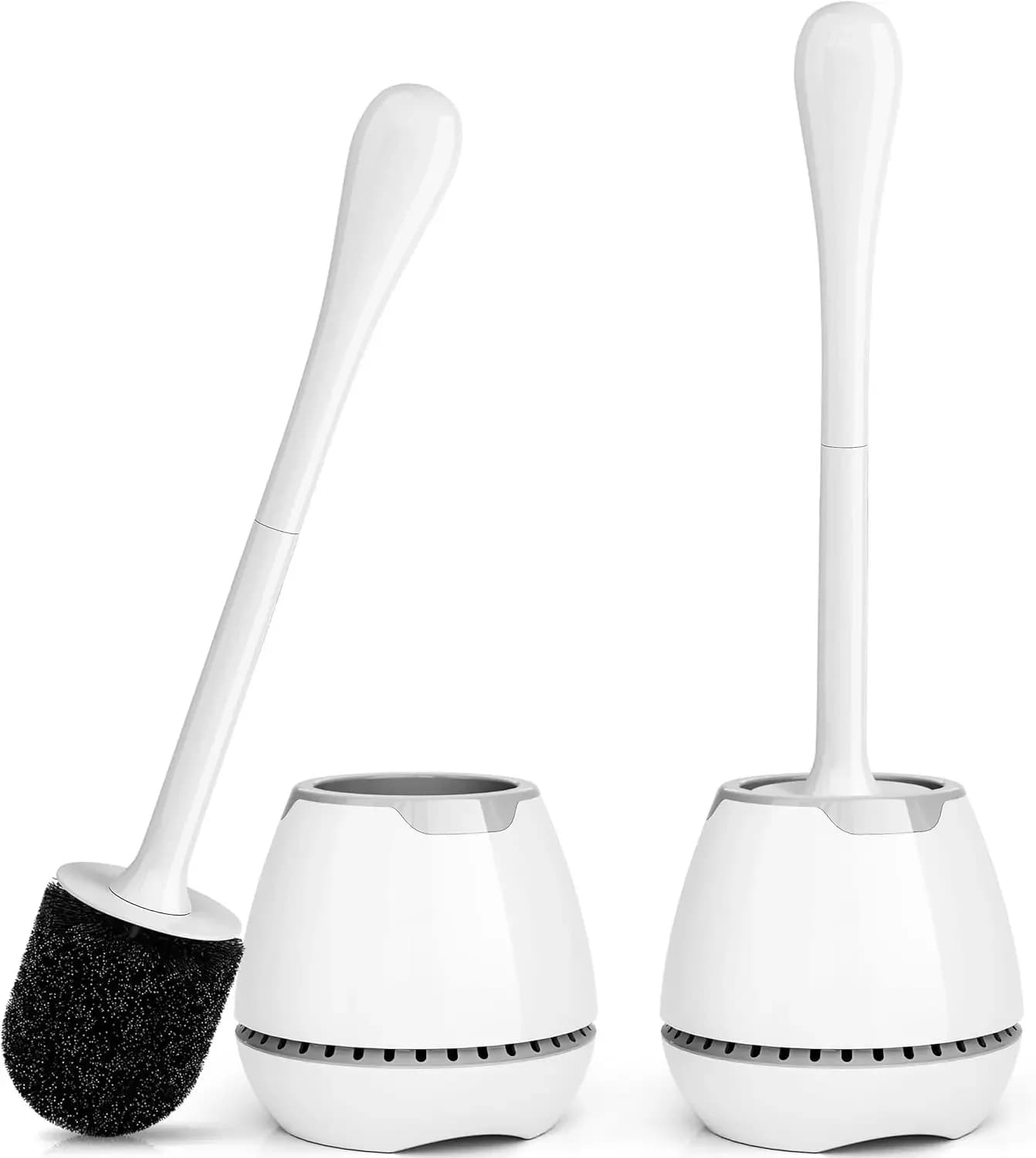 Set di 2 scopini per WC con supporto ventilato, manico lungo ergonomico, setole resistenti per la pulizia del bagno (Bianco)