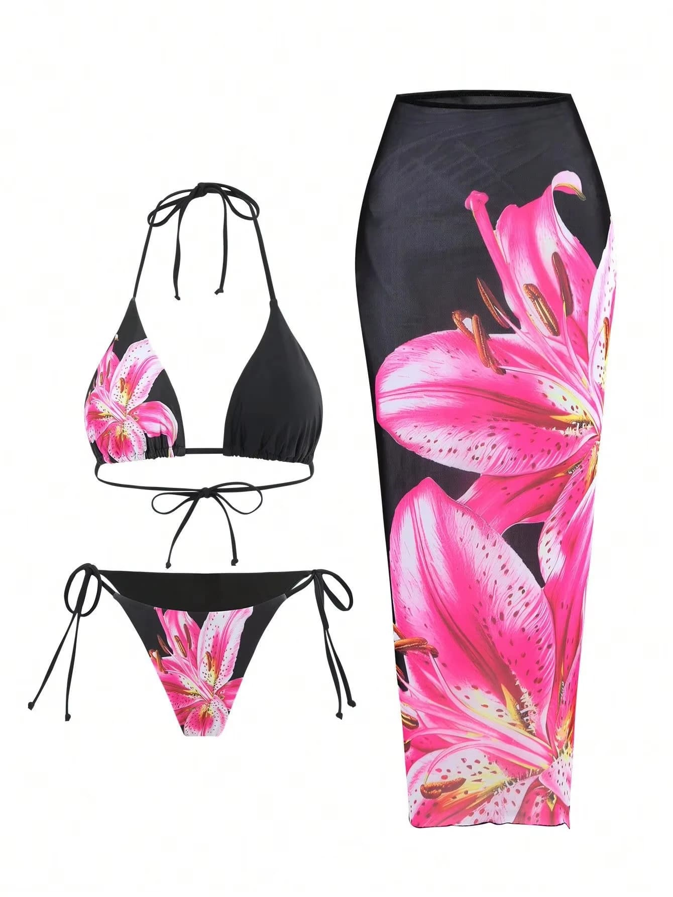 Nuovo set bikini con stampa floreale Gonna lunga a vita alta da donna Costume da bagno 3 pezzi Costume da bagno sexy perizoma mini triangolo senza schienale