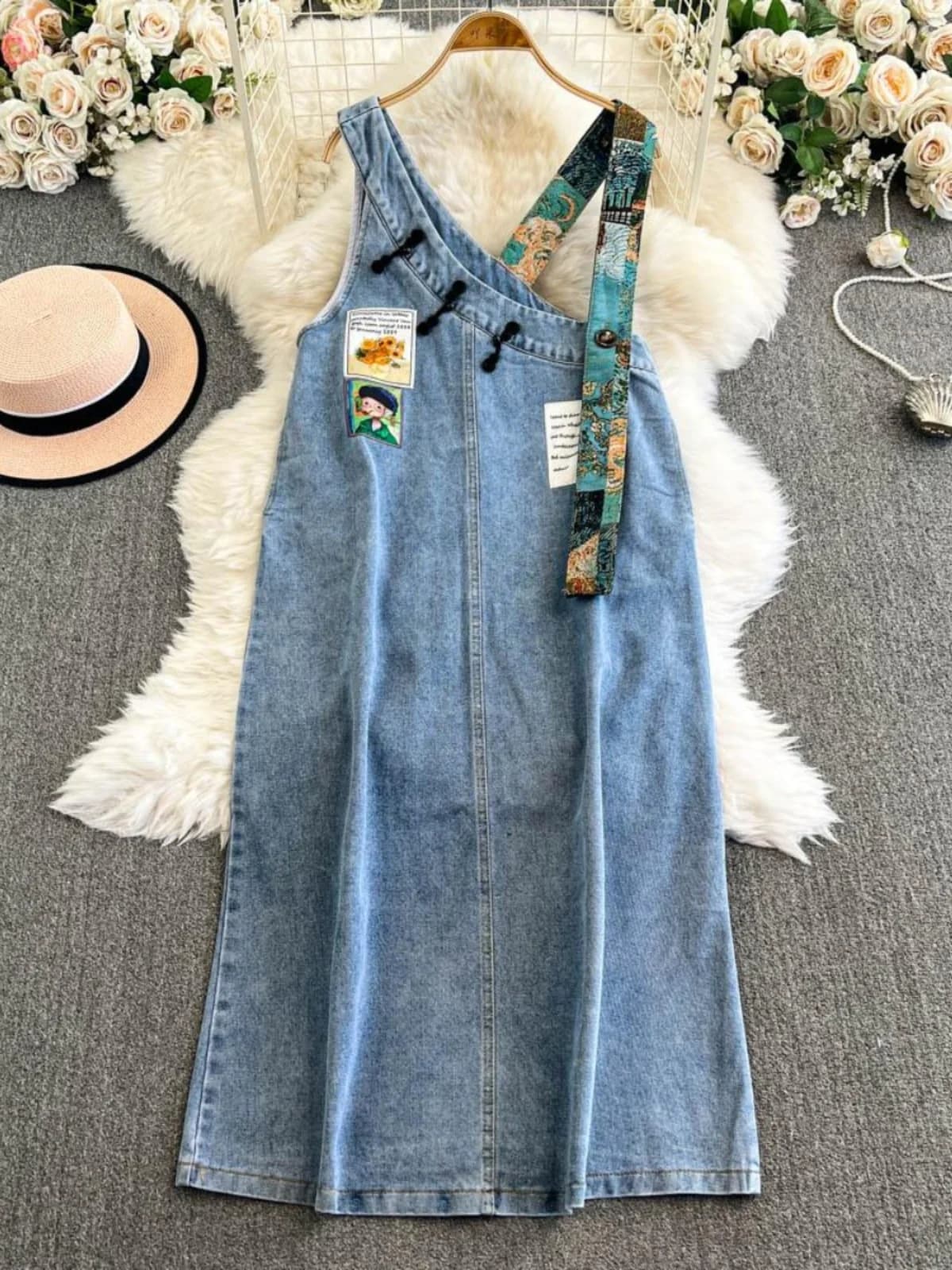 Retro Denim A-Line Dress Women's Loose Fitting Conceal Meat Slim Print Design Autumn Fashion Artistic Sensation Skirt Dress