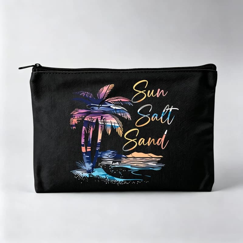 Women's Tropical Palm Tree and Sunset Print Makeup Bag, Zipper Cosmetic Pouch for Daily Travel