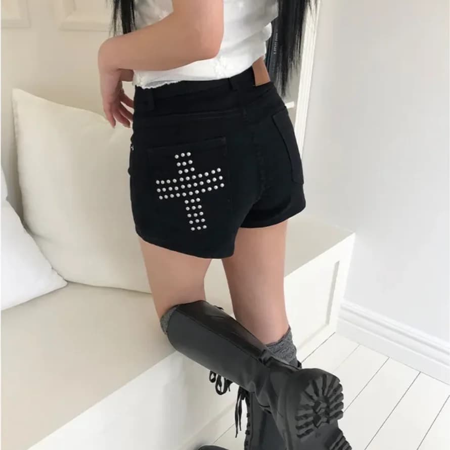 Two-Tone Slim Fit Denim Shorts Casual Cross Stitch Elastic Waist Cotton Poplin Summer Straight Leg Jeans Short Skirts