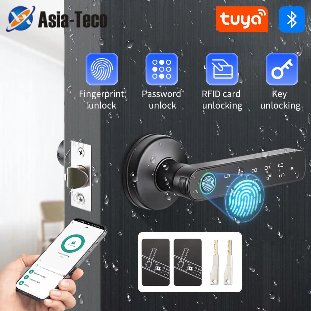 Tuya SmartLife APP BLE Smart Fingerprint Lock Password RFID IC Card Lock Maniglia Dead Bolt Home Maniglia per porta in metallo in legno
